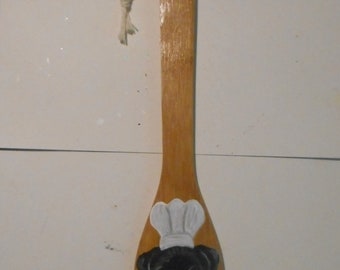 Black Pug Dog Chef, Hand Painted Wood Spoon,  Dog Kitchen Decor, Dog Person Gift