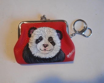 Panda Bear Coin Change Purse with Key Chain Hand Painted Vegan Leather