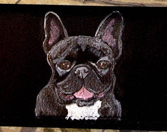 French Bulldog Leather Checkbook Cover, Checkbook Holder, Hand Painted Dog Person Gift