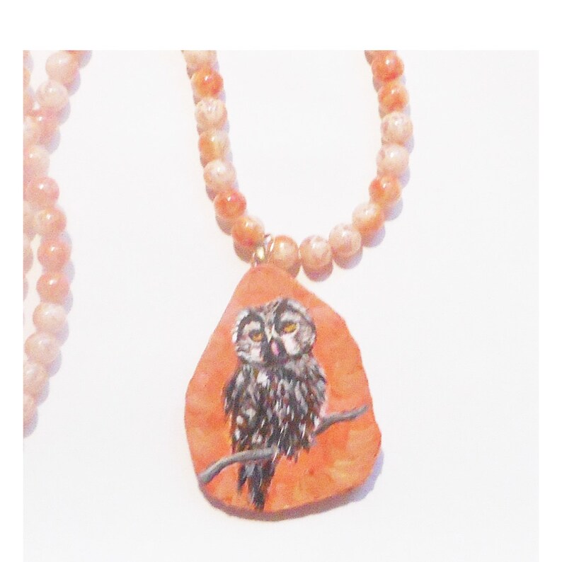 Owl Bird Bead Necklace, Hand Painted Ceramic Pendant, Handmade Jewelry, Bird Lover Gift image 2