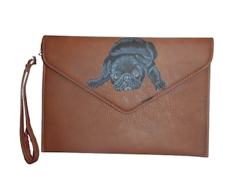 Black Pug Dog Wristlet, Handbag for Women, Brown Purse, Dog Mom Gift