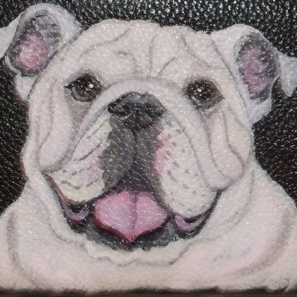 Portefeuille Bulldog anglais pour femme en cuir noir peint à la main