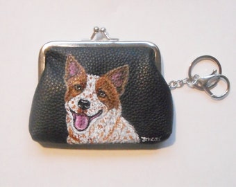 Australian Cattle Dog, Red Heeler dog Coin Purse with Key Chain, Hand Painted Clutch, Dog Mom Gift