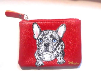 Blue Merle French Bulldog Coin Purse, Hand Painted Red Purse, Dog Lover Gift