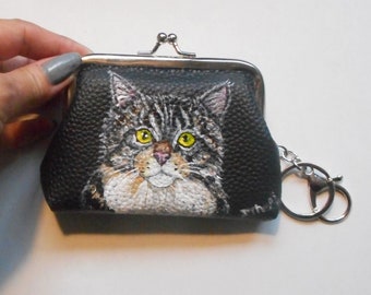 Maine Coon Tabby Cat Coin Purse with Key Chain, Hand Painted Cat Person Gift