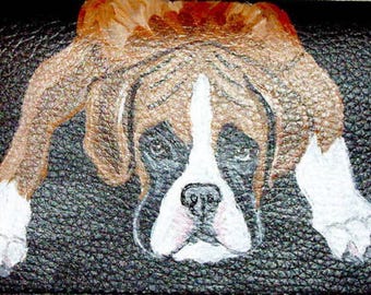Hand Painted Boxer Dog Leather Checkbook Cover: Dog Lover Gift