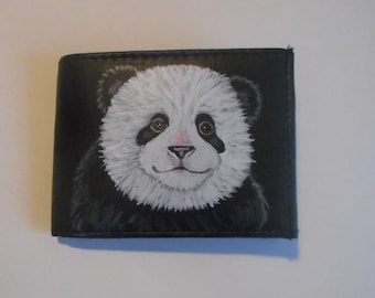 Panda Bear Wallet for Men, Hand Painted Leather Wallet, Panda Lover Gift