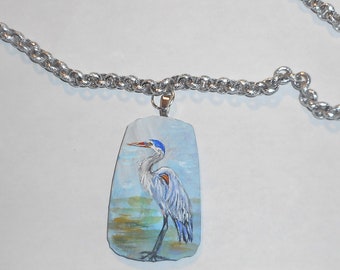 Blue Heron Bird Necklace, Hand Painted Pendant, Bird Lover Gift