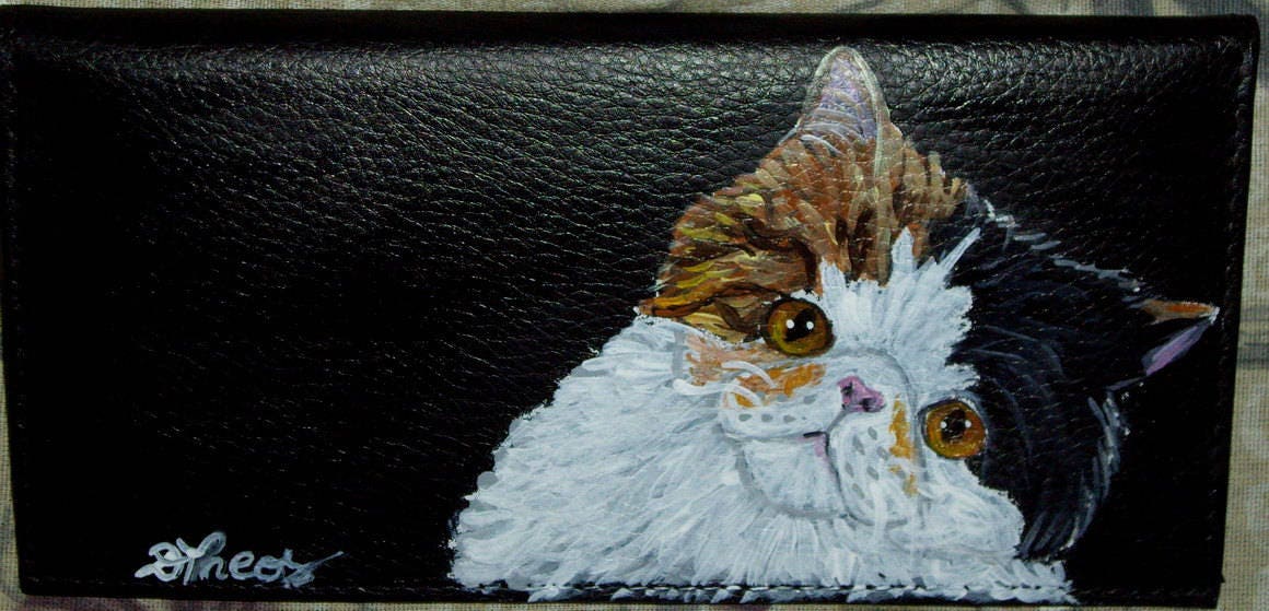 Hand Painted Exotic Shorthair Cat Leather Checkbook Cover