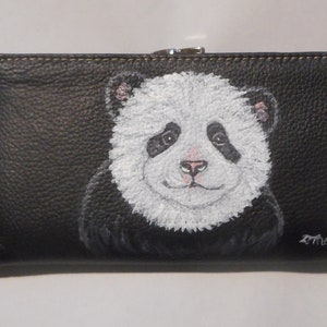 Panda Bear Portrait Wallet for Women, Hand Painted Leather Purse, Panda Lover Gift image 1