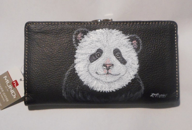 Panda Bear Portrait Wallet for Women, Hand Painted Leather Purse, Panda Lover Gift image 1