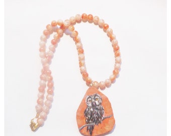 Owl Bird Bead Necklace, Hand Painted Ceramic Pendant, Handmade Jewelry, Bird Lover Gift