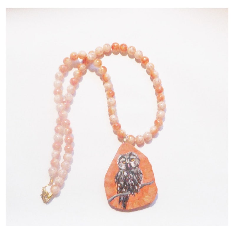Owl Bird Bead Necklace, Hand Painted Ceramic Pendant, Handmade Jewelry, Bird Lover Gift image 1