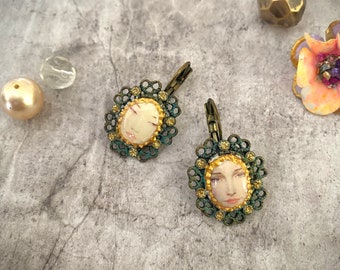 Antique altered art vintage portrait filigree earrings sunburst gold decorations, elegant fairycore academia