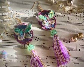 Rainbow butterfly tassel earrings, hand painted eco-resin, multicoloured unique bold fairy jewellery,purple pink long, ornate style,