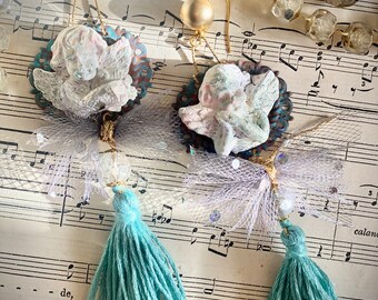 Baroque Cherub tassel earrings, galentine’s  angels, valentine’s gift, antique style jewellery, multicoloured long earrings, ornate style