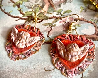 Baroque Cherub Cupid earrings, hand painted angels, heart shape dangle earrings, valentines gift, ornate antique style, romantic lover,