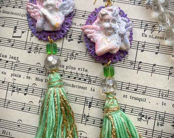 Baroque Cherub tassel earrings, hand painted eco-resin angels,galentine’s earrings, valentines gift, ornate antique  style