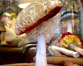 Tall freestanding toadstool with red velvet and gold vintage brocade ornament, christmas decorating, baroque, fairycore, mushroom decor,