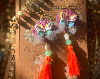 Rainbow butterfly tassel earrings, hand painted eco-resin, multicoloured unique bold fairy jewellery,orange and purple, ornate style,