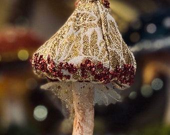 Antique style toadstool with red velvet and gold vintage brocade ornament, home decorating, baroque, fairycore, mushroom decor, valentine