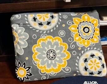 Gray and Yellow Small Bag Lined Zipper Pouch Makeup, coins, pencils and more