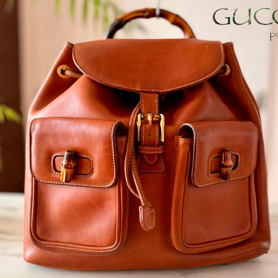 Vintage G-G Iconic Camel Brown Bamboo Backpack Kn… - image 1