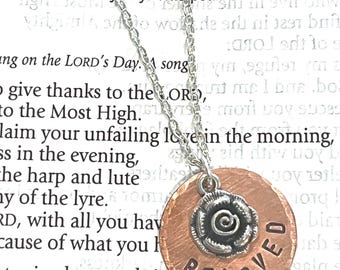 beloved - Handstamped Copper Disc Necklace with silver rose charm - READY TO SHIP