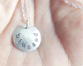 blessed - Hand Stamped Hammered and Domed Sterling Silver Necklace