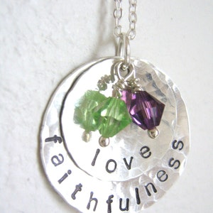 love and faithfulness - Personalized Hand Stamped Sterling Silver Necklace with two swarovski crystals