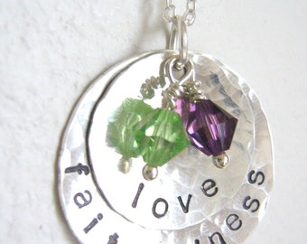 love and faithfulness - Personalized Hand Stamped Sterling Silver Necklace with two swarovski crystals