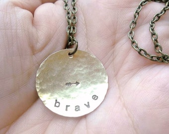 brave - Custom Hand Stamped Hammered Brass Necklace with arrow