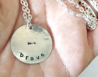 brave - Custom Hand Stamped Hammered Silver Necklace with arrow