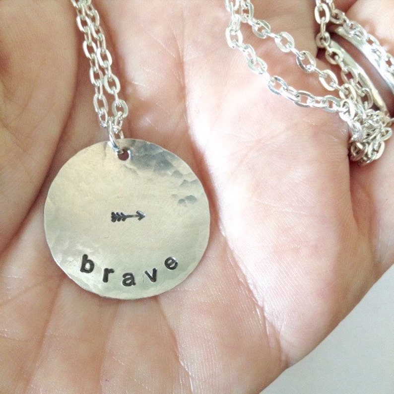 brave Custom Hand Stamped Hammered Silver Necklace with arrow image 1