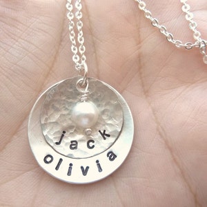 Personalized Hand Stamped Sterling Silver Necklace with vintage pearl or swarovski crystal image 1