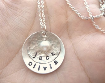 Personalized Hand Stamped Sterling Silver Necklace with vintage pearl or swarovski crystal