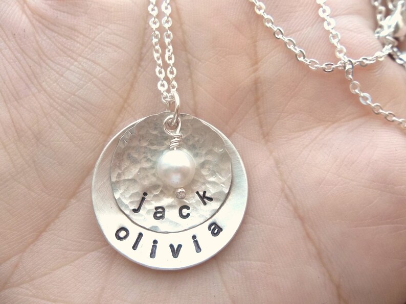 Personalized Hand Stamped Sterling Silver Necklace with vintage pearl or swarovski crystal image 1