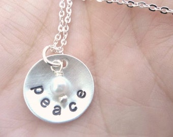 Personalized Hand Stamped Domed Sterling Silver Necklace with tiny vintage pearl - 5/8 inch disc