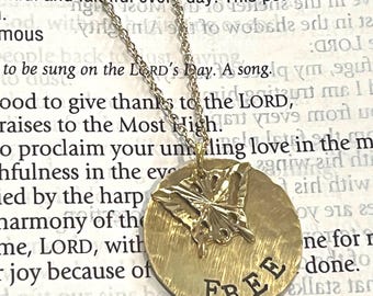 FREE - Handstamped Brass Disc Necklace with gold butterfly charm - READY to SHIP