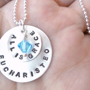 EUCHARISTEO - Custom Hand Stamped Sterling Silver Necklace with two silver discs and one pearl or crystal