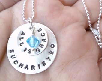 EUCHARISTEO - Custom Hand Stamped Sterling Silver Necklace with two silver discs and one pearl or crystal