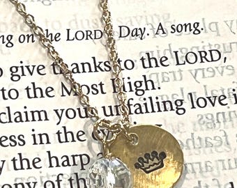 tiny crown - Handstamped Tiny Brass Necklace with crown and clear crystal - READY to SHIP