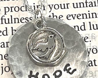 HOPE - Handstamped Silver Disc Necklace with dove charm