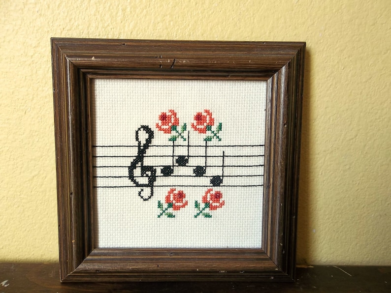 Vintage Cross Stitch in distressed wooden frame music notes | Etsy