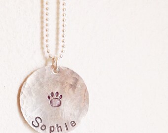 Personalized Hand Stamped Sterling Silver Necklace with paw print