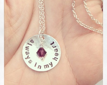 always in my heart - Custom Hand Stamped Sterling Silver Remembrance Necklace with vintage pearl or swarovski crystal - 7/8 inch disc