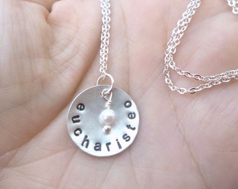 eucharisteo - Custom Hand Stamped Domed Sterling Silver Necklace with tiny vintage pearl - 3/4 inch disc