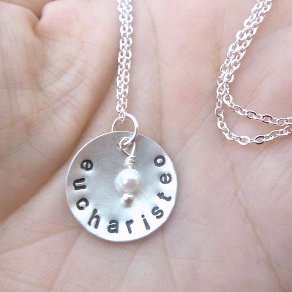 eucharisteo - Custom Hand Stamped Domed Sterling Silver Necklace with tiny vintage pearl - 3/4 inch disc