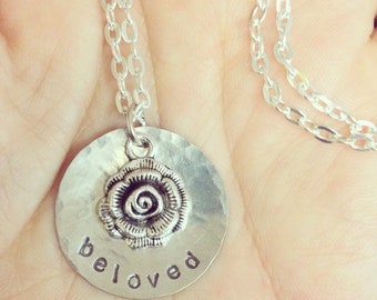beloved - Custom Hand Stamped Aluminum Silver Necklace with rose charm