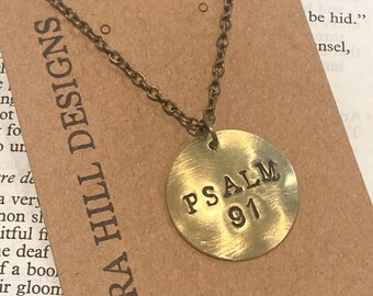 PSALM 91 - Custom Hand Stamped Domed Brass Necklace